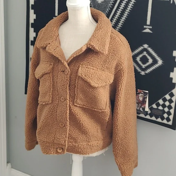 😍 GUC American Eagle Ladie's Cropped Sherpa Teddy Jacket, Brown, Small - Picture 8 of 11